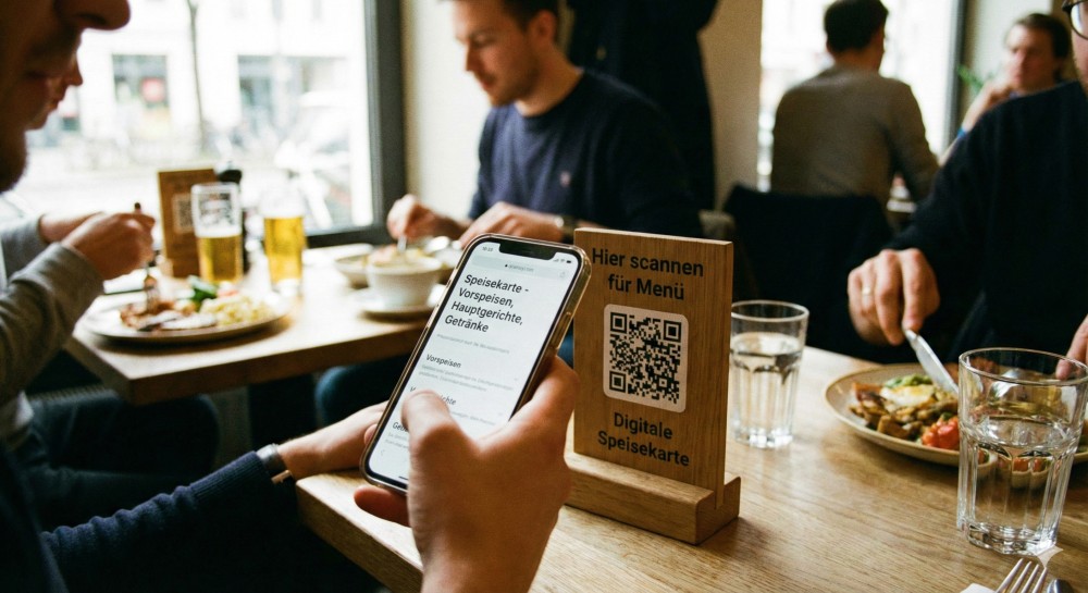 Digital dining experience. A woman uses her smartphone to scan a QR code for contactless ordering at a restaurant. Modern technology enhances convenience in cashless payments and food services.